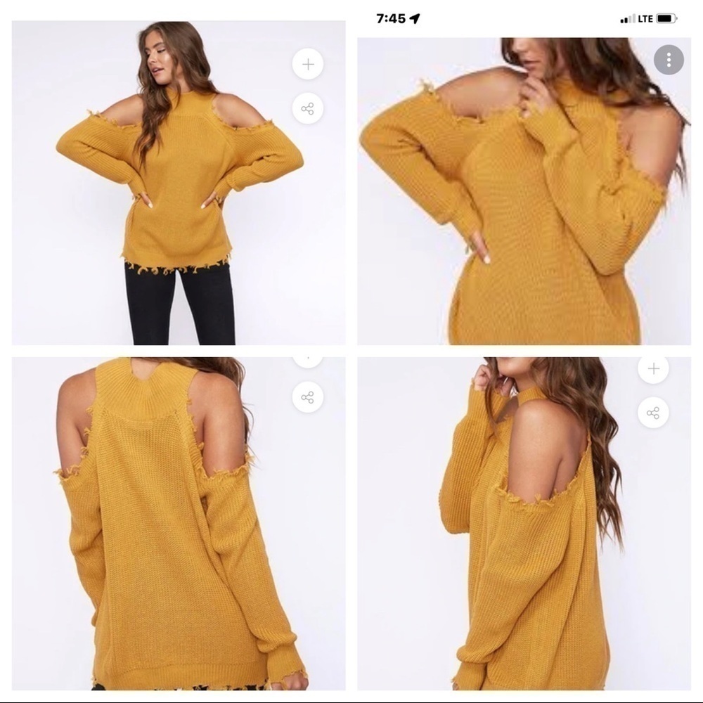 Peach Love frayed hem cold shoulder sweater Size Small In Mustard Color.